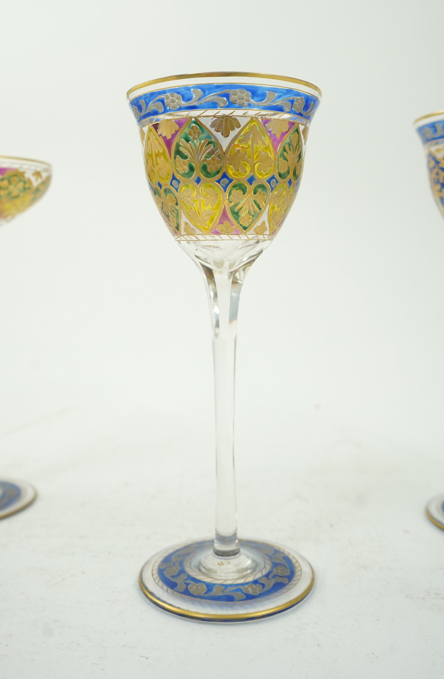 Fritz Heckert, five Jugendstil painted and gilt ‘Jodhpur’ glasses, c.1900
